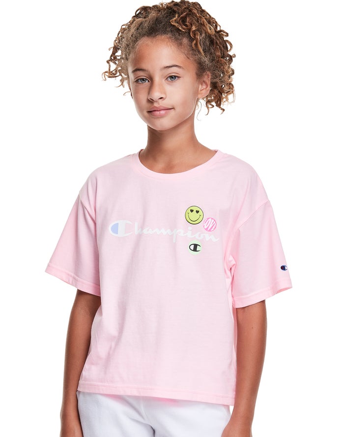 Champion Pige T-Shirts Lyserød - Boxy Smiley Face - Danmark IHM-483970